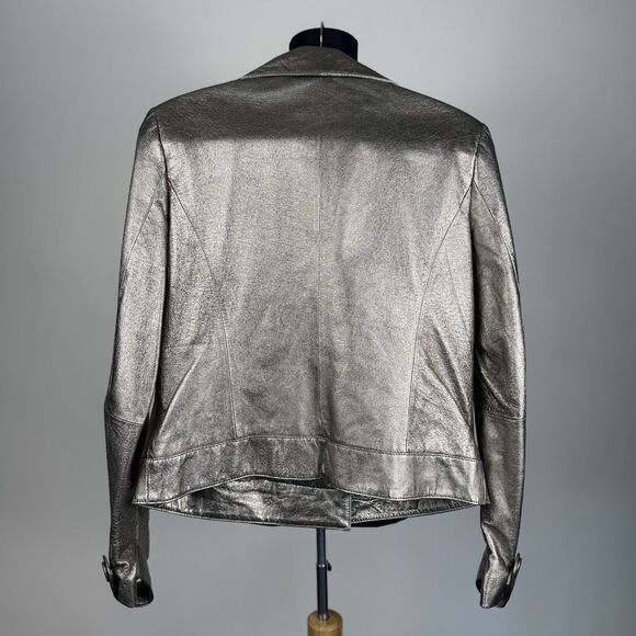 Vintage 80s 90s Spiegel Metallic Silver Cropped Double Breasted Leather Jacket - Picture 12 of 13